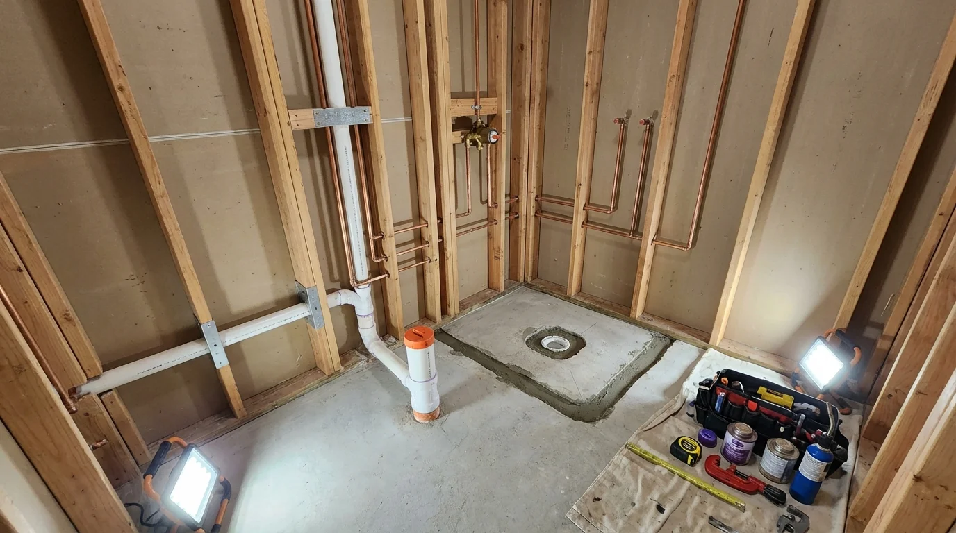 Bathroom rough-in plumbing during remodel by Johns Plumbing LLC in Wantagh