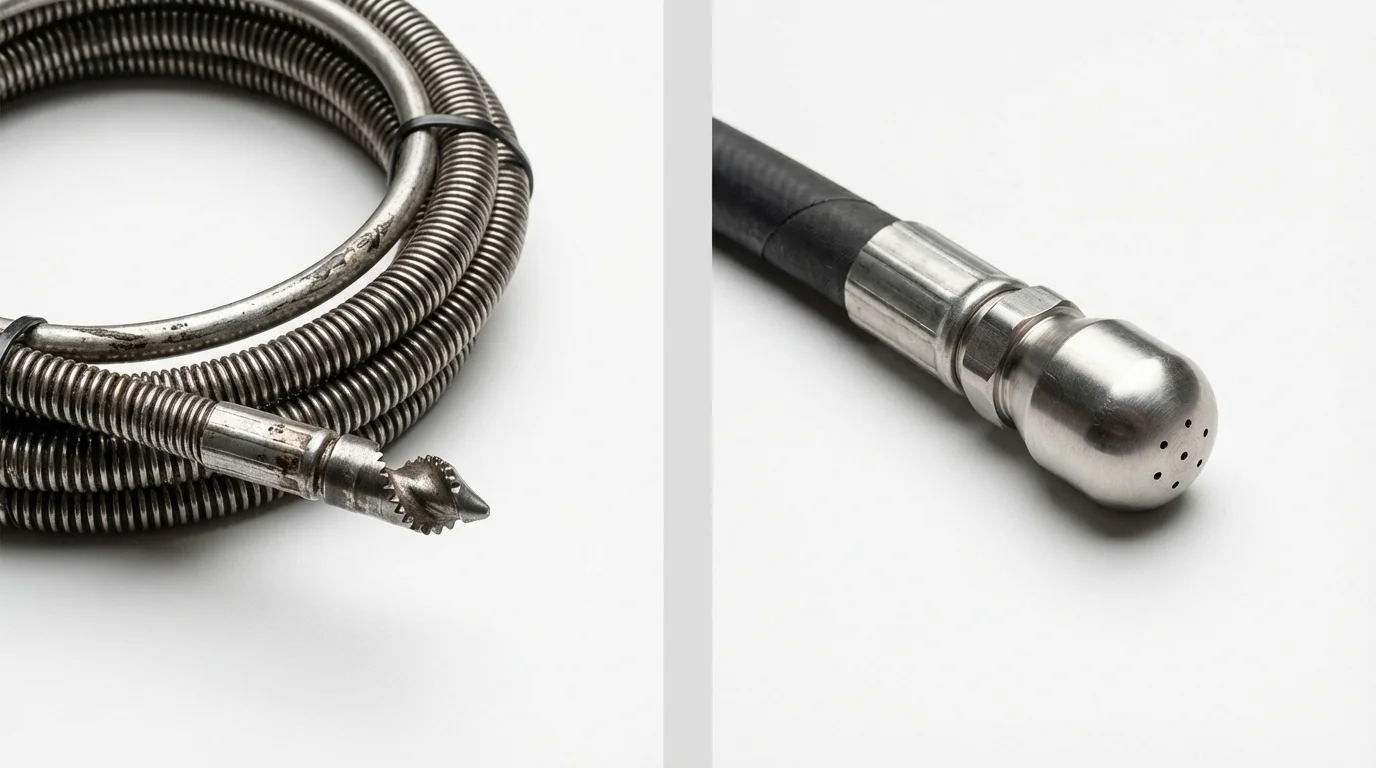 Drain snake cable and hydro jetting nozzle used for drain cleaning in Wantagh, NY