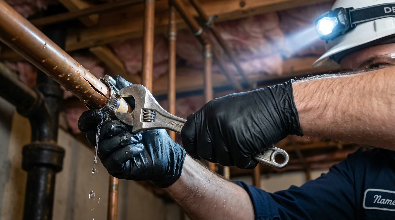 Emergency pipe clamp repair being performed by a Johns Plumbing LLC plumber in Wantagh