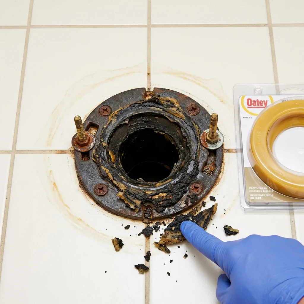 Failed wax ring showing water seepage at the base of a toilet in a Wantagh, NY home