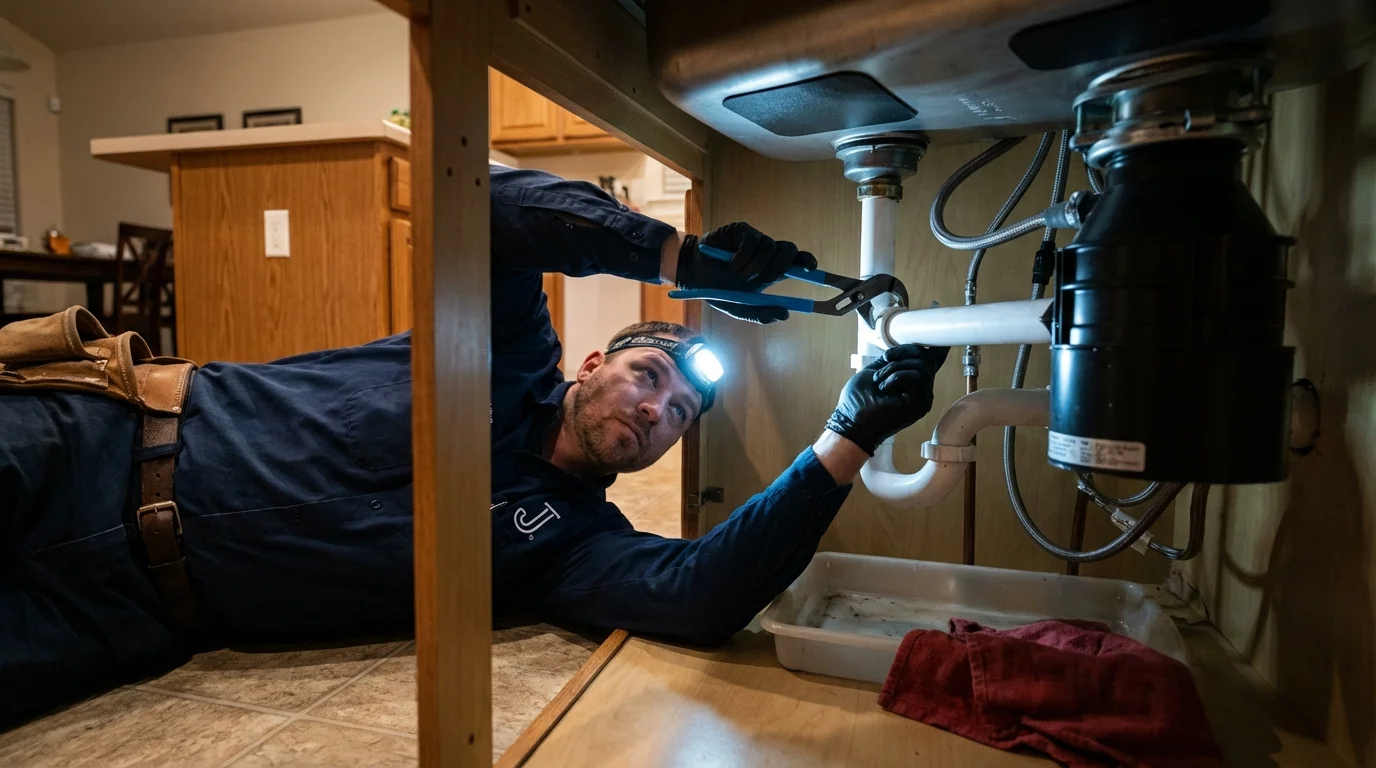 P-trap and supply line connections under a kitchen sink showing a common leak point in Wantagh, NY